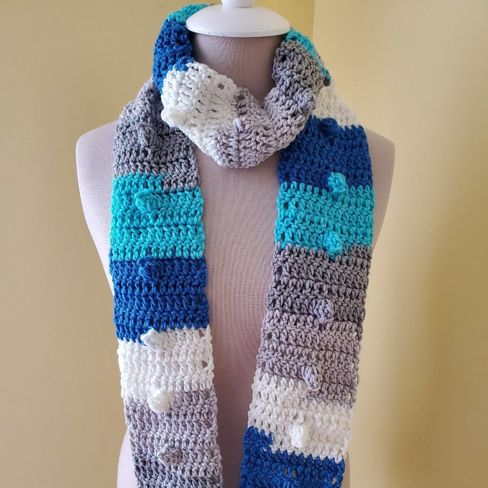 Crochet Popcorn Blue Skinny Scarf/New